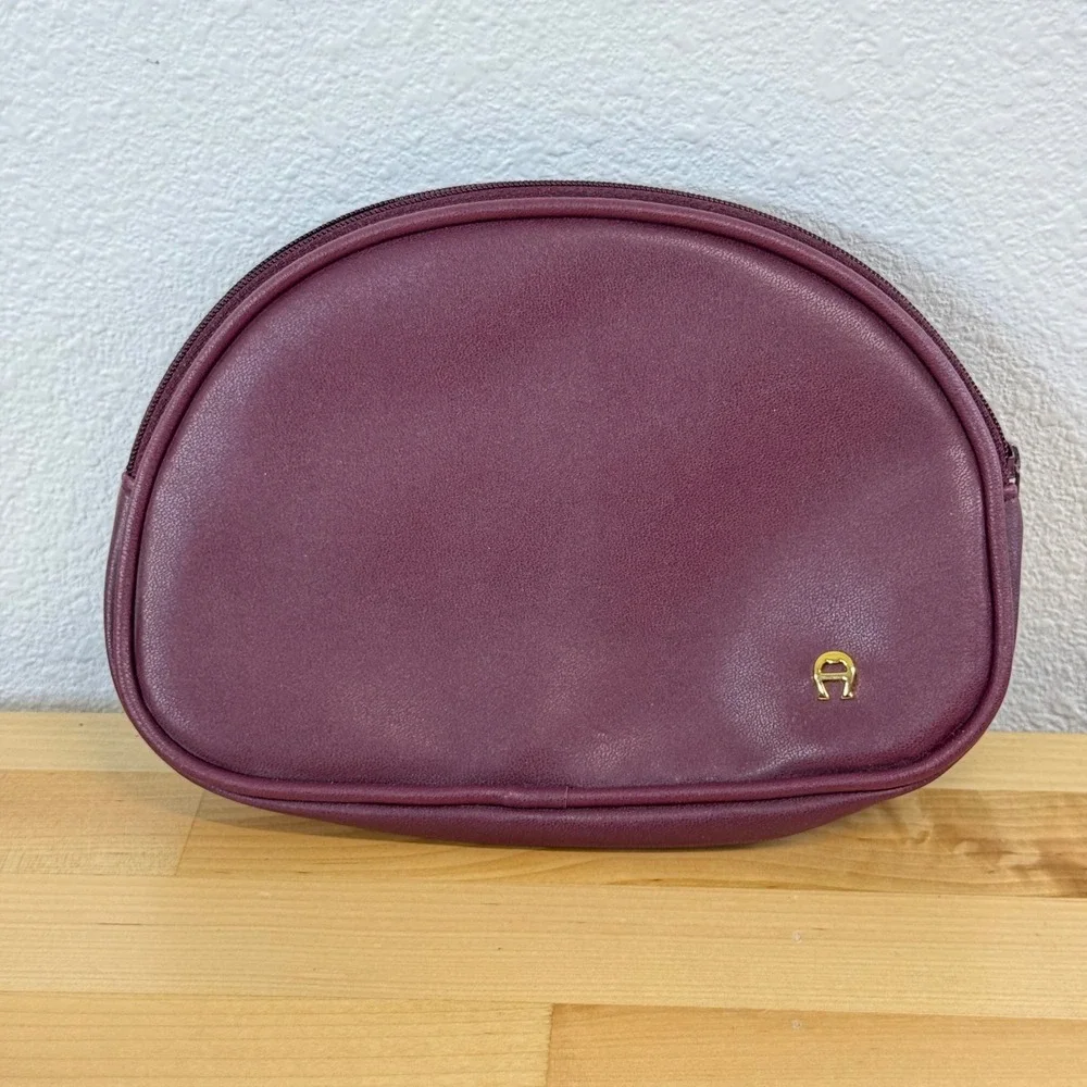 Etienne Aigner Burgundy Leather Half Moon Cosmetic Pouch Makeup Bag Gold Logo
